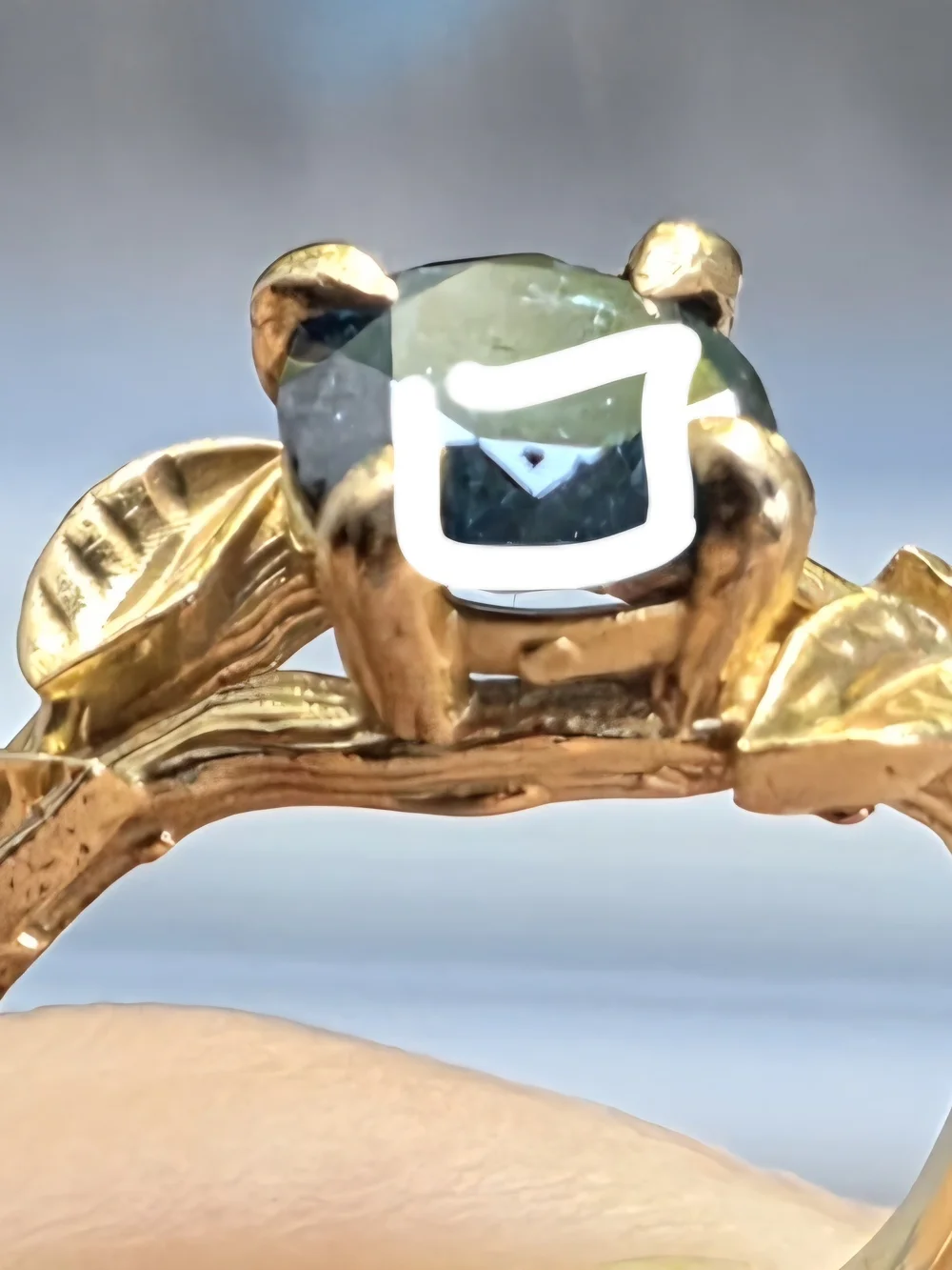 Gold Leaf Band Ring with Deep Teal Gemstone